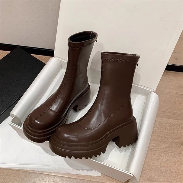Chunky Heel Platform Fashion Boots Women 2025 AW New Arrival Versatile Trendy Mid Calf Brown Hot Sale_vogvips.com