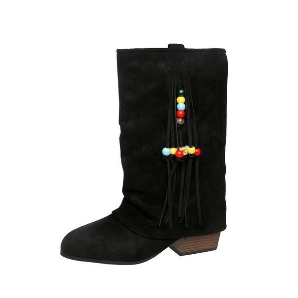 Women's Winter High Heeled Slip-On Trouser Boots Beaded Pointed Toe Suede Mid Calf Plus Size Pleated Shoes_vogvips.com