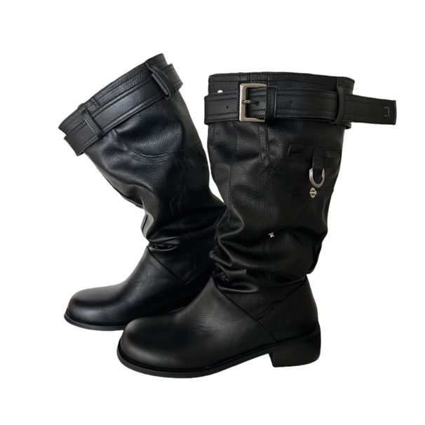 Merlad Women's Pleated Slouch Boots Chunky Heel Slimming Versatile Fashion Over The Knee Western Riding Boots_vogvips.com