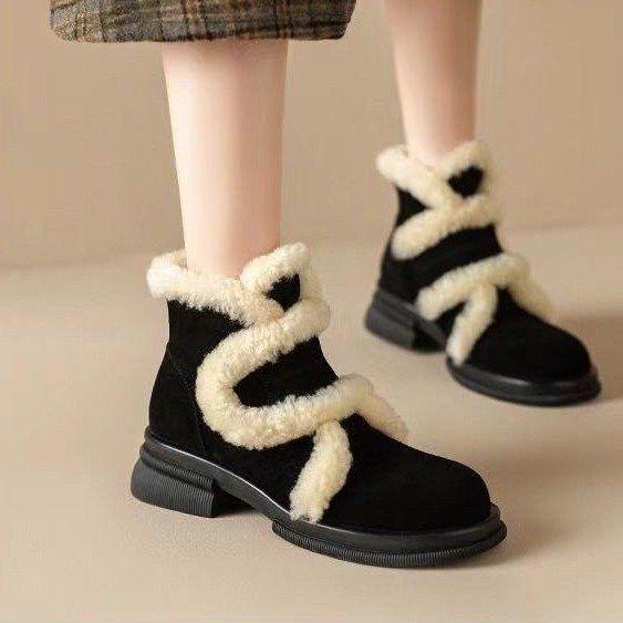 Warm non bulky frosted leather snow for women in winter, with plush cotton shoes, heels, short boots, thick soles, and_vogvips.com