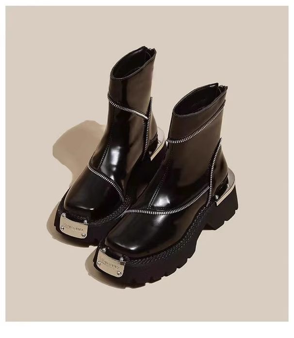 Womens Shoes High-quality Zippered Womens Boots Autumn Round Toe Solid Short Bucket Middle Heel Waterproof British Boots Square-toed Chelsea Boots_vogvips.com