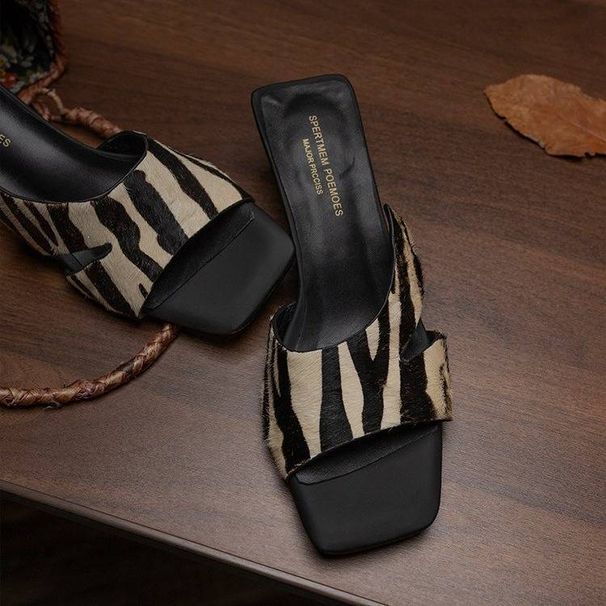 Summer Women's Fashion High Heel Slippers ZebrPatterned Hair Square Head Open Toe IndoorOutdoor Wearable SlipOn Shoes_vogvips.com