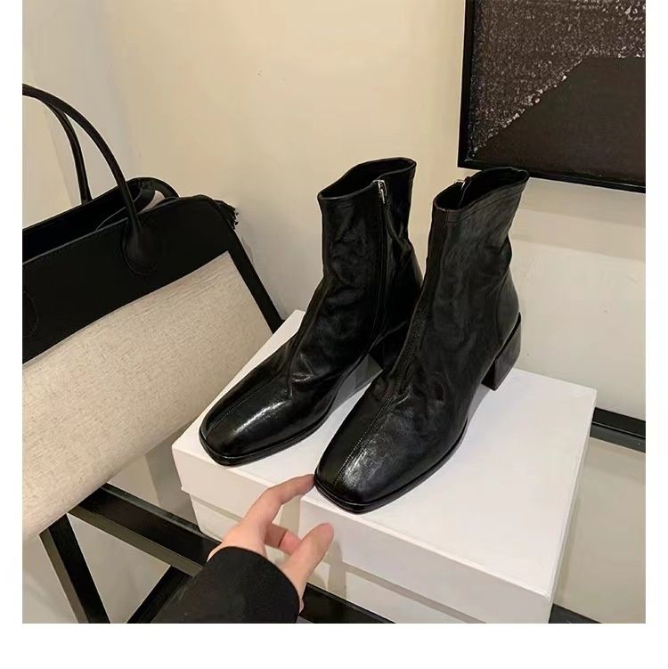 Square-toed Washed Horsehide Skinny Short Boots For Women's Autumn 25.11 New Style_vogvips.com