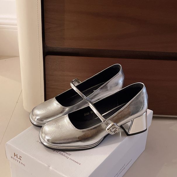 Medium Heel Mary Jane Shoes French Princess Silver Coarse Heel Waterproof Table Single Shoes Women's Small Silver Shoes_vogvips.com