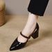 2025 Spring New Women's Pointed Toe Chunky Heel Mary Jane Shoes, Hollow Out Single Strap Patent Leather Mid-Heel Shoes_vogvips.com