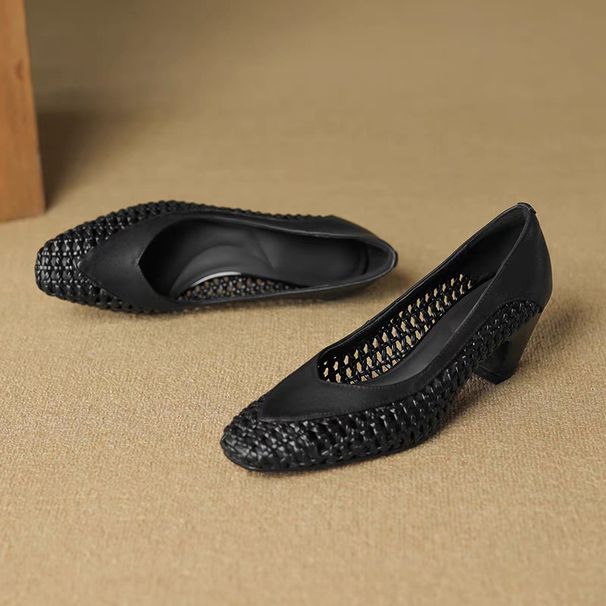 French Elegant Woven Hollow Thick Heel High Heels Women's Summer Pointed Head Shallow Mouth Hole Women's Single Shoes_vogvips.com