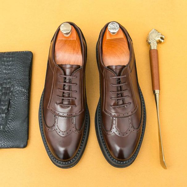 Men's Fashion Brown Brock Carved Men's Shoes Braided Blue Business Derby Shoes Lace-up Genuine Leather British Banquet Dress Wedding Leather_vogvips.com