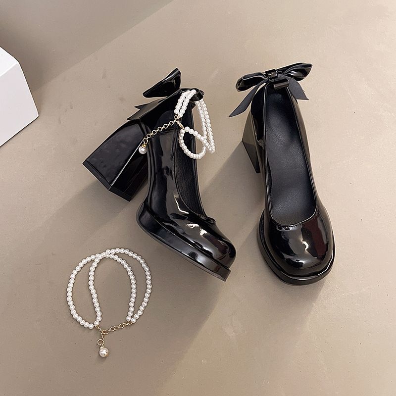 Mary Jane Single Shoes Female Spring And Autumn Fairy Wind Word Belt Fashion Shoes Pearl Thick Heel Skirt High Heels_vogvips.com
