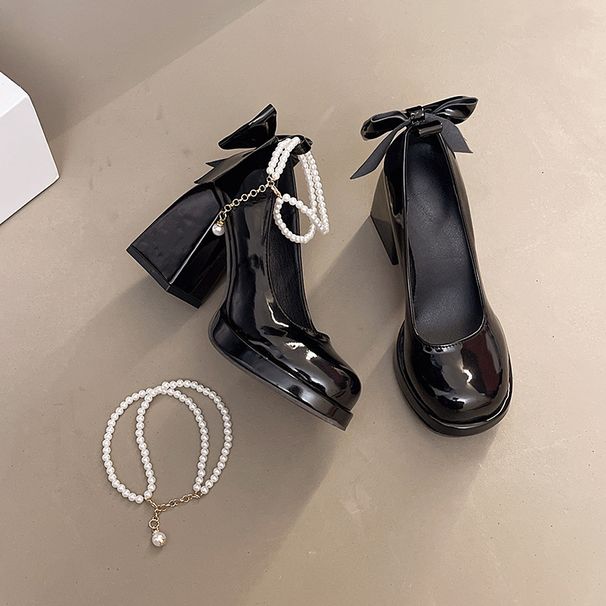 Mary Jane Single Shoes Female Spring And Autumn Fairy Wind Word Belt Fashion Shoes Pearl Thick Heel Skirt High Heels_vogvips.com