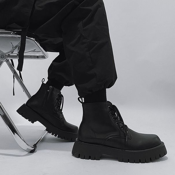 European Warm Series Men's Martin Boots With Side Zipper, Autumn And Winter Fashion Trend, Cowhide Mid-Calf Short Thick-Soled Work Boots,_vogvips.com