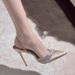 Black High Heels Women's Stiletto Pointed Toe New Arrival Shallow Mouth Rhinestone One-piece Belt Silks And Satins Sandals Half-slippers For Women_vogvips.com