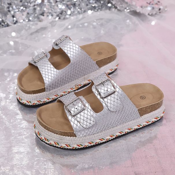 Platform Rhinestone Flip Flops, New Style, Cork Double Buckle Beach Sandals, Women's Style, Size 43_vogvips.com