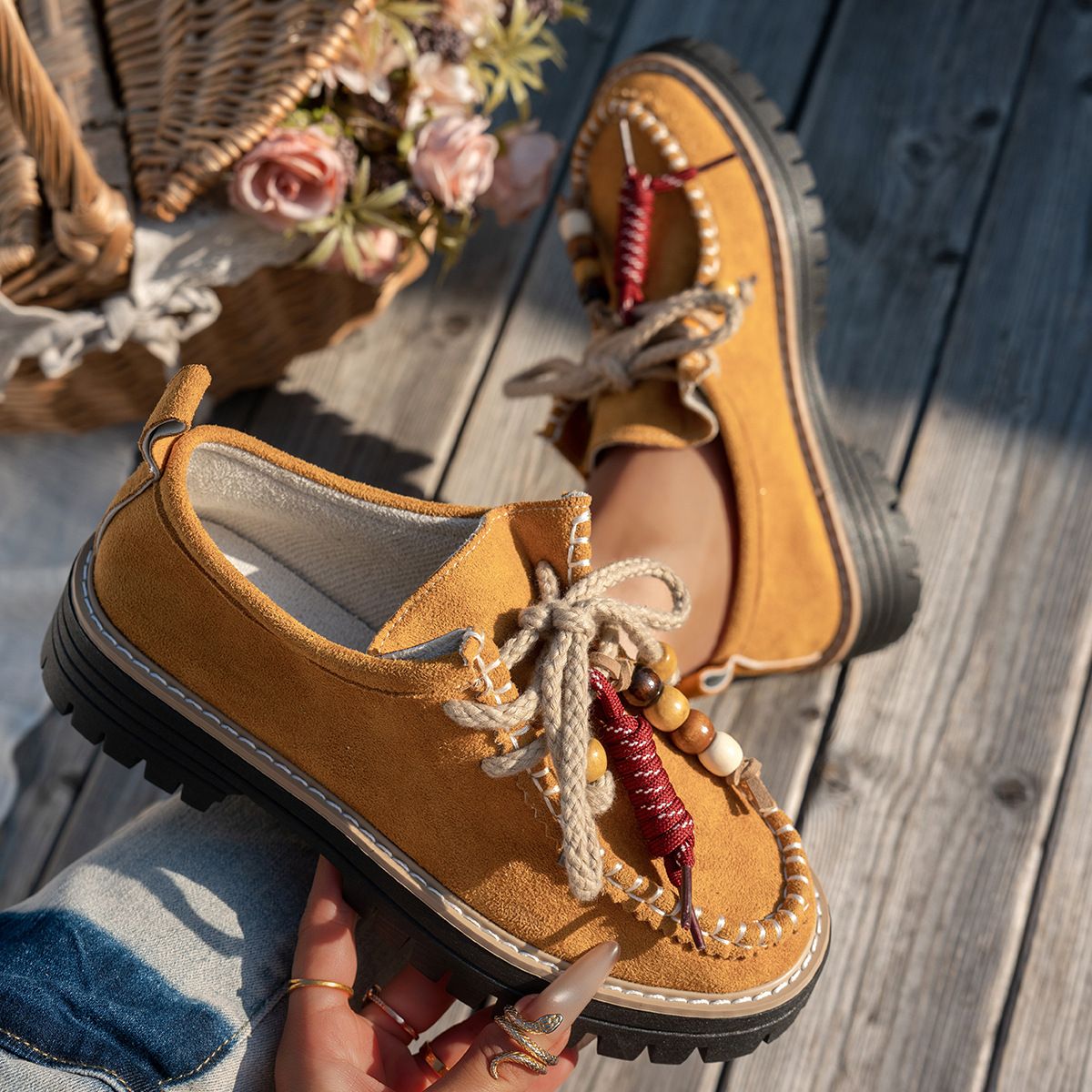 Women's Beaded Suede Loafers Lace-Up Platform Spring Style Plus Size Low Top Shoes_vogvips.com