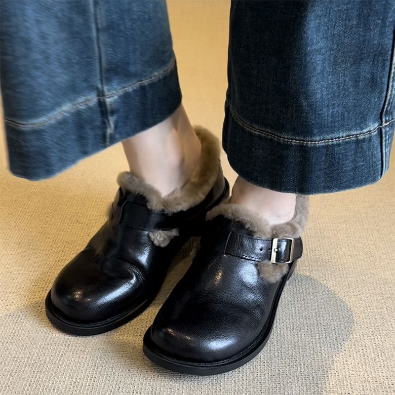 Warm Plush Lamb Wool Shoes Single Shoes One Pedal Loafers Women's Soft Soles_vogvips.com