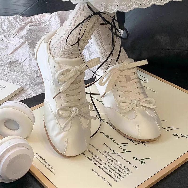Sheepskin Veion~Lace-up Soft Leather Sports Casual Shoes For Women Silver Sweet Girl Round-toe Satin Bow Ballet_vogvips.com
