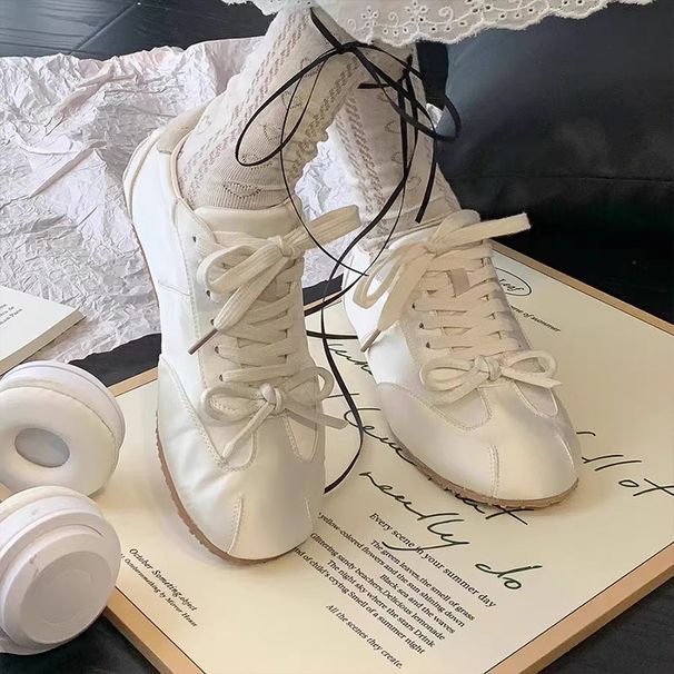 Sheepskin Veion~Lace-up Soft Leather Sports Casual Shoes For Women Silver Sweet Girl Round-toe Satin Bow Ballet_vogvips.com