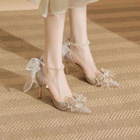 Women's Shoes Mid Heel Versatile Rhinestone Pumps, Sexy Backless Lady Formal Shoes For Wedding & Party Shoes Pearl & Rhinestone Butterfly Decor_vogvips.com