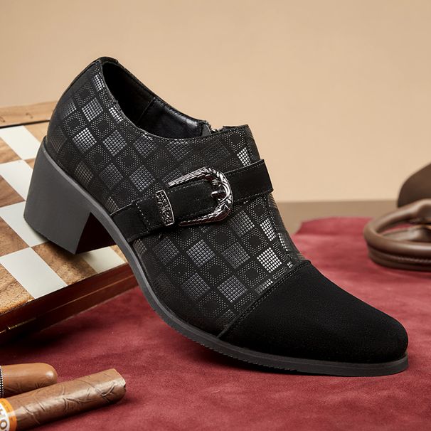 Men's Brown Retro Buckle Heels Men's Shoes Fashionable Square Cuban Casual Men's Shoes Black Business British Pointed Toe Leather Shoes_vogvips.com