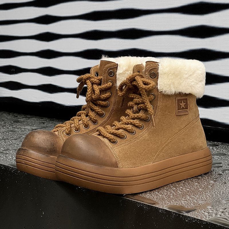 Men's Shoes Winter New Fur Big Head Work Boots Men And Women Plus Velvet Warm Snow Boots Thick Cotton Shoes_vogvips.com
