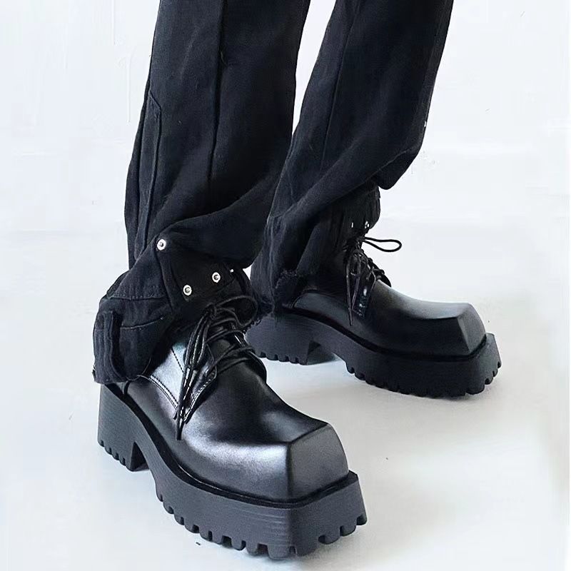 Unisex 2023 New Trendy Women Thick Sole Casual Derby Black Square Toe Small Leather Shoes_vogvips.com