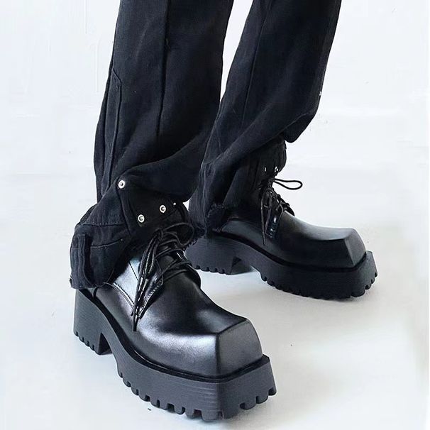 Unisex 2023 New Trendy Women Thick Sole Casual Derby Black Square Toe Small Leather Shoes_vogvips.com
