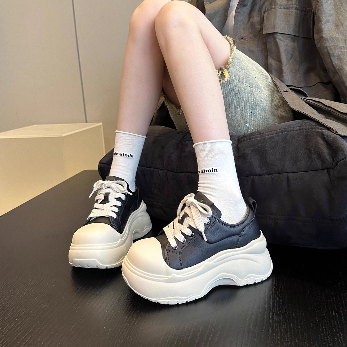 Muffin Platform Big Head Bread Shoes For Women Retro Hundred Match Small Height Increase Leisure Sports Shoes_vogvips.com
