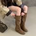 Miting Stacked Boots, Vintage Suede, Internal Height Increase, Cross-Strap Buckle, Comfortable Western Cowboy High Boots_vogvips.com