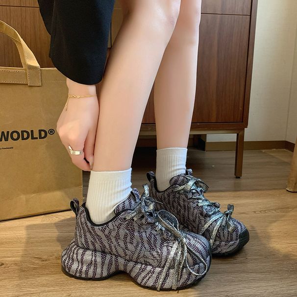 Women's Rhinestone Platform Sneakers Chunky Dad Shoes Fashion Star Studded Lace Up Casual Shoes With Animal Print & Comfortable Wedge Sole_vogvips.com