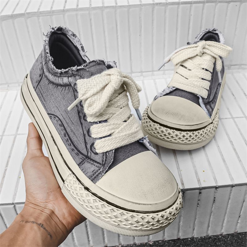New Japanese-style Retro Washed Denim Canvas For Men, Height-increasing Thick-soled Niche Casual Sneakers, Unique_vogvips.com