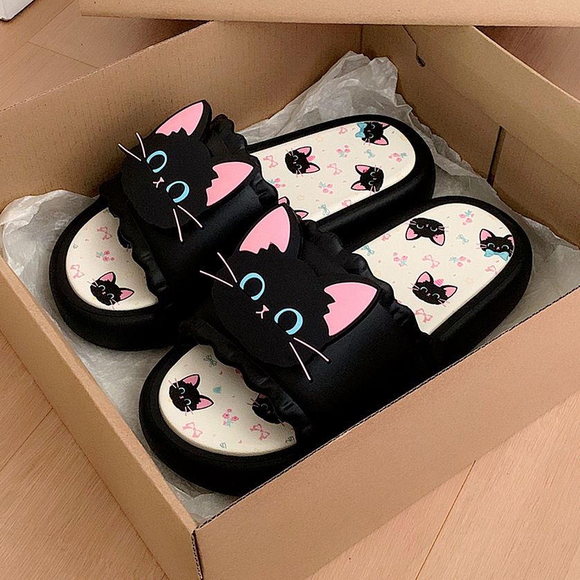 Sweet And Cool Black Kitten Slippers For Spring, Non-slip Soft-soled Indoor And Outdoor Bathroom Slippers_vogvips.com