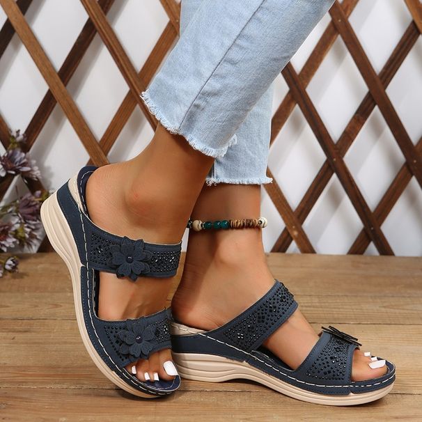 Shoes Cross Border Foreign Trade Large Size Casual Flower High Heel One Line Hollow Wedge Heel Slippers For Women_vogvips.com