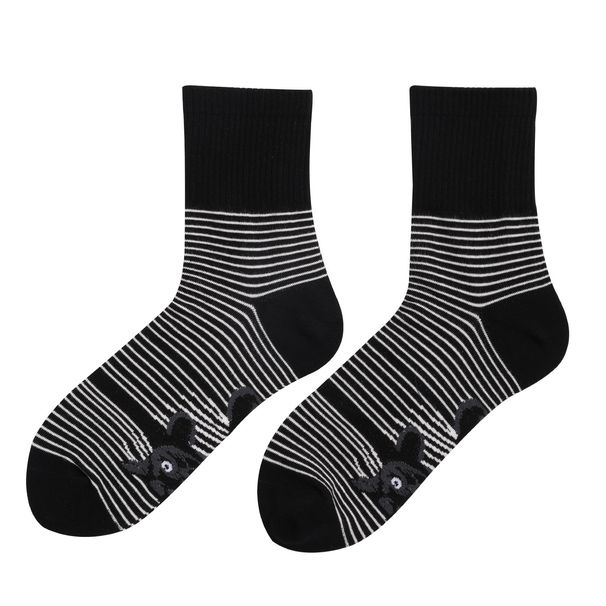 New black and white striped animal cat print plus-size men's and women's mid-tube socks_vogvips.com