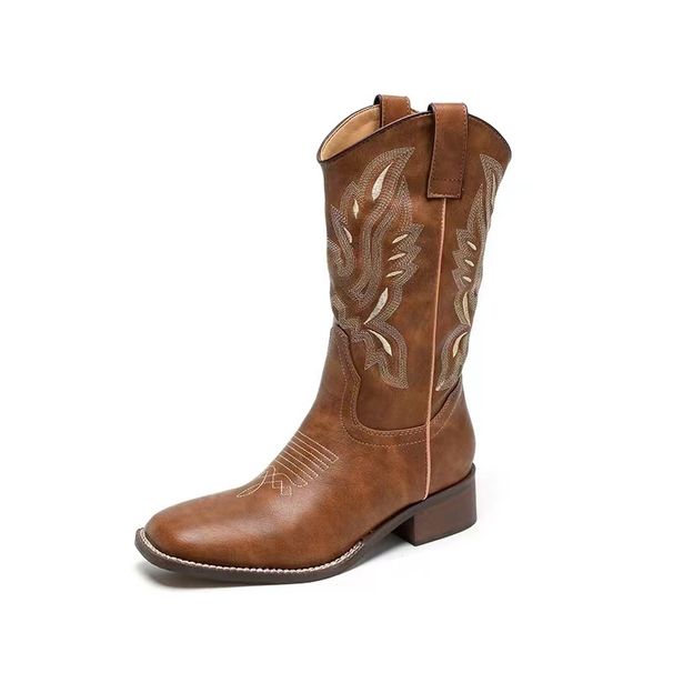 He Sui Same Style Versatile Western Cowboy Thick Heel V-Cut Embroidered Slip-On Mid-Calf Square Toe Riding Boots_vogvips.com