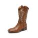 2026 He Sui Same Style Versatile Western Cowboy Thick Heel V-Cut Embroidered Slip-On Mid-Calf Square Toe Riding Boots_vogvips.com