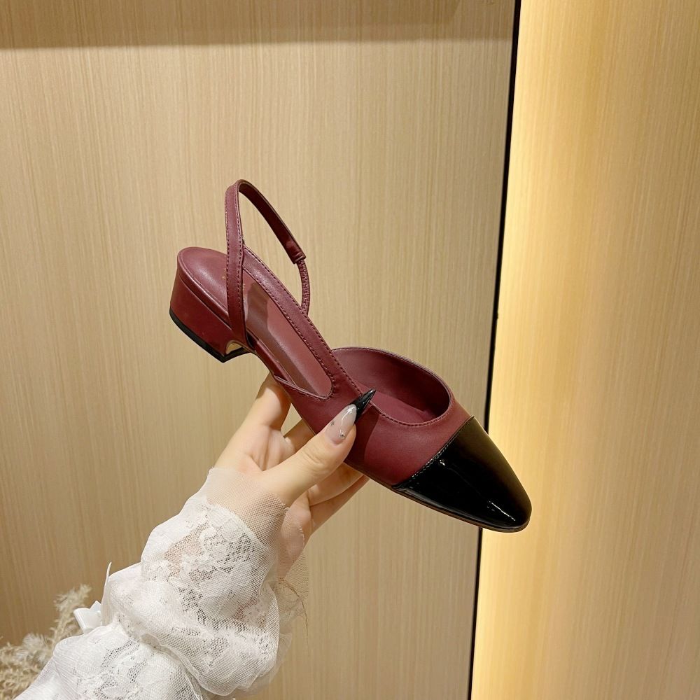 Burgundy New Style Chunky Heel Single Shoes For Women With Back Strap, Square Toe, Color Block, Mid Heel, Open Back,_vogvips.com