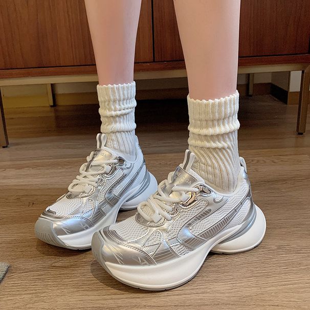 Silver White Mesh Height Enhancing Thick Soled Dad Summer New Breathable And Comfortable Casual Sports Shoes For_vogvips.com