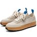 Men’s Sporty Canvas Sneakers With Leather Upper, Round Toe, Flat Thick Sole, Breathable Mesh Lining, Mid-cut Lacing Design, Color-blocked Summer_vogvips.com