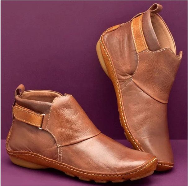 Autumn Winter New Round Toe Casual Women's Leather Slip-On Flat Lightweight Solid Color Plus Size Martin Boots For Women_vogvips.com