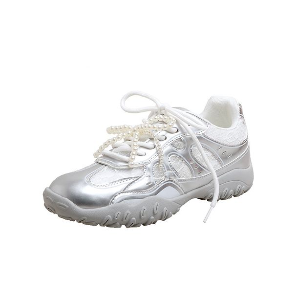 Women's Leather Training Shoes Lace-Up Pearl Detail Casual German Style Round Toe Spring/Summer Height Increasing Crescent Sole Forrest Gump Design_vogvips.com