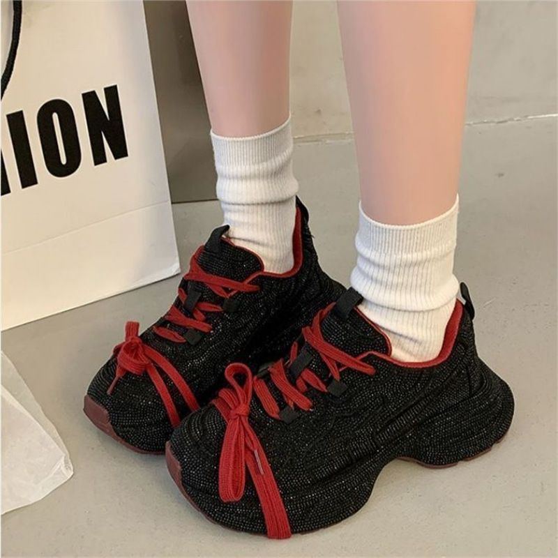 Women's Chunky Platform Sneakers - Rhinestone Studded Retro Dad Shoes With Cross Lace-Up | Thick Cushioned Sole For Streetwear & Hiking_vogvips.com