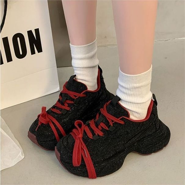 Women's Chunky Platform Sneakers - Rhinestone Studded Retro Dad Shoes With Cross Lace-Up | Thick Cushioned Sole For Streetwear & Hiking_vogvips.com