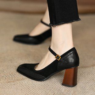 Evening Breeze Black High Heels Square Headed Mary Jane For Women's Spring 2024 New Style With Skirt One Line Buckle_vogvips.com
