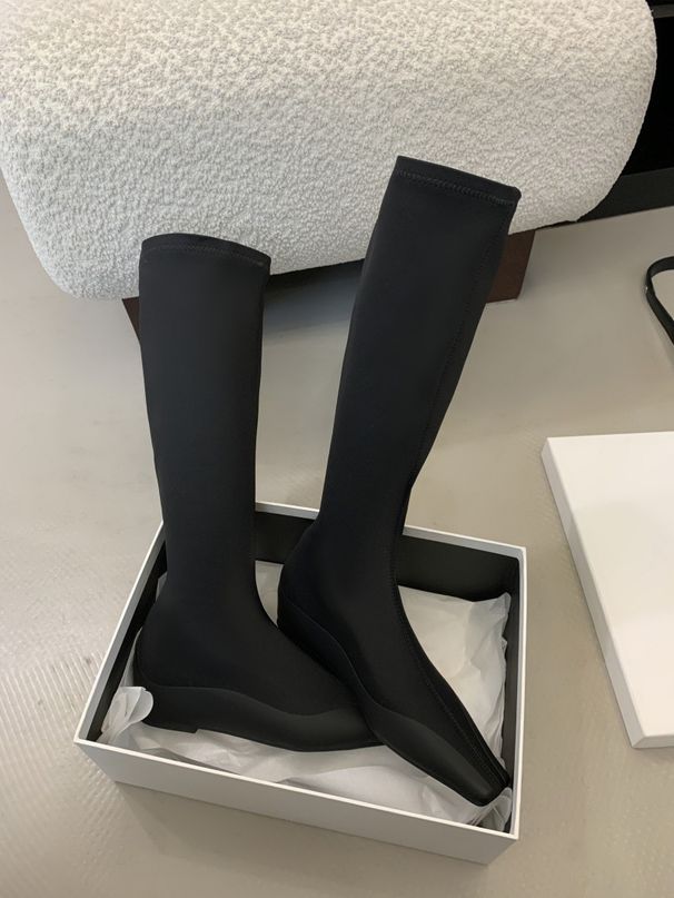 Square Toe Hidden Heel Short Boots For Women, Over-the-Knee Long Stretch Slim Black High Tube Slimming Single Boots,_vogvips.com