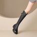 Women's Chunky Heel Knee High Boots With V-Cut Design Faux Leather Winter Boots For Women Warm Fleece Lined Mid Calf Boots Over The Knee,_vogvips.com