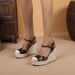 Women's Chunky Heel Mule Sandals With Platform & Open Back - Breathable Linen-Wrapped Sole For Spring & Summer - Black & Beige _vogvips.com