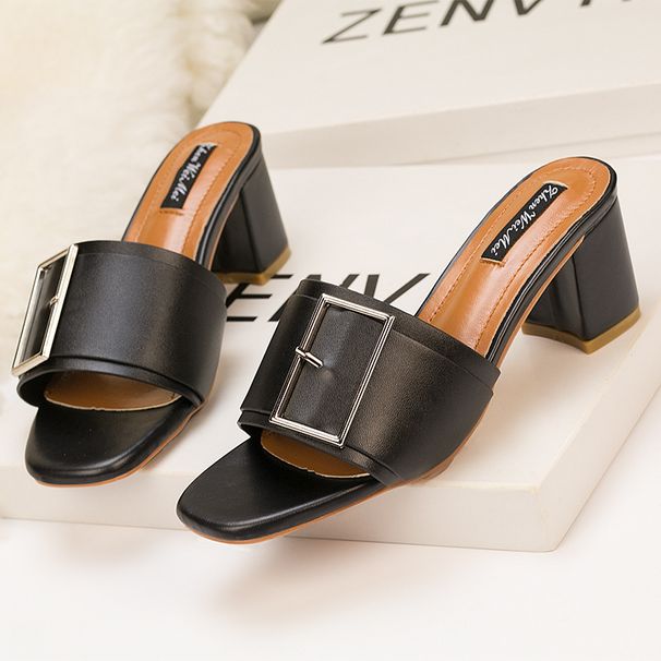 Women S Pumps Summer Fashion Simple Casual Thick Outer Wear High Heel Square Buckle Women Sandals And Slippers_vogvips.com