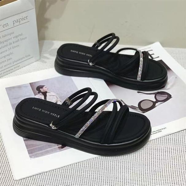 Rhinestone One-word Drag Female Muffin Slope Heel Two Wear Beach Versatile Wear Cool Slippers_vogvips.com