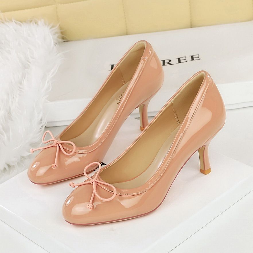 Bow Round Head High Heels Women's Shallow Mouth Single Shoes Commuting Daily Work Shoes One Pedal Women's Shoes Look Thin_vogvips.com