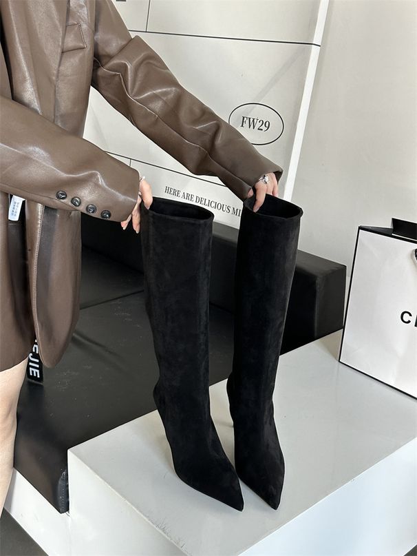CMM Sharp Pointed And Trendy Suede High Heeled Long Tube Boots For Women Autumn And Winter New Straight Tube Large Tube Circumference_vogvips.com