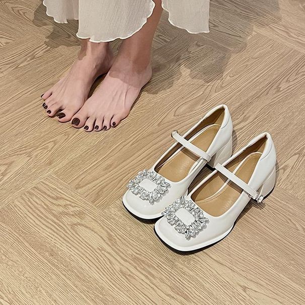 French High Red Small Leather Mary Jane Women's Thick Heels, Versatile Single Rhinestone Wedding Shoes, Bridal Shoes_vogvips.com